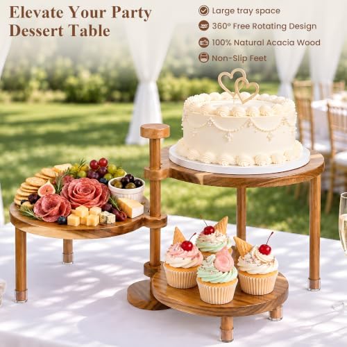 LOVYANXUE Acacia Wooden Cupcake Stand, 3 Tier Round Cake Stand 360° Rotatable Cupcake Tower with Tiered Serving Tray, Wood Dessert Table Display Set, Tiered Tray Stand for Party, Wedding (12/10/8 IN) - Image 2