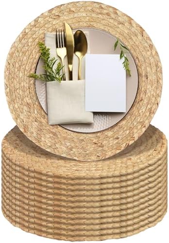 Kochorie Set of 12 Round Woven Placemats 13.5-Inch Natural Water Hyacinth Plant Placemats Hand-Woven Boho Rattan Placemat Wicker Weave Table Mats for Home Dinner Plates Holiday Supplies by Kochorie