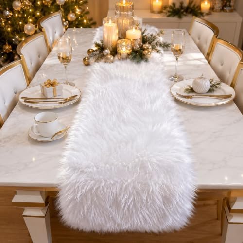 Faux Fur Table Runner 12x60 Inch White Christmas Table Decor - Image 3