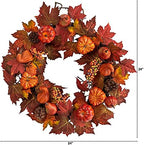 Nearly Natural 24in. Autumn Maple Leaves, Pumpkin, Pinecone and Berries Artificial Fall Wreath - Image 2