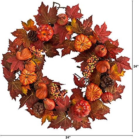 Nearly Natural 24in. Autumn Maple Leaves, Pumpkin, Pinecone and Berries Artificial Fall Wreath - Image 2