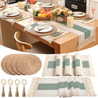 Set of 4 Sage Green Table Runner and Round Placemats Napkin Ring by Gandeer