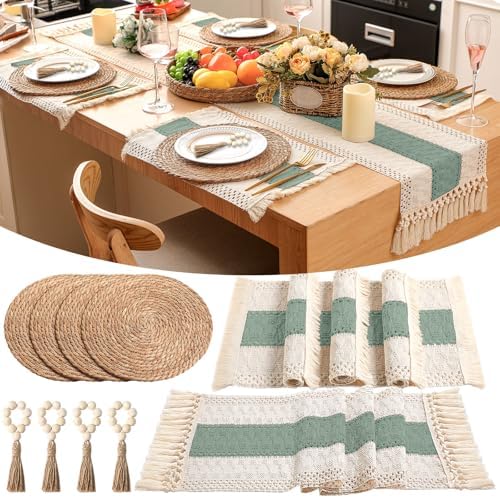 Set of 4 Sage Green Table Runner and Round Placemats Napkin Ring by Gandeer
