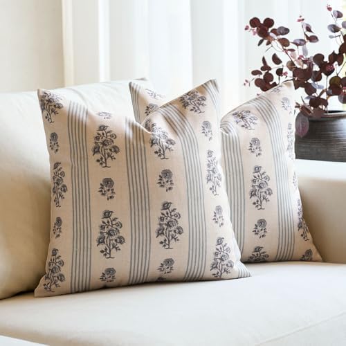 Amor Virisso Floral Throw Pillow Covers 24x24 Set of 2 Block Print Pillow Covers Neutral Floral Striped Farmhouse Decorative Pillow Covers for Sofa Couch Bed, Light Blue by AffordableFloralPrintMaker