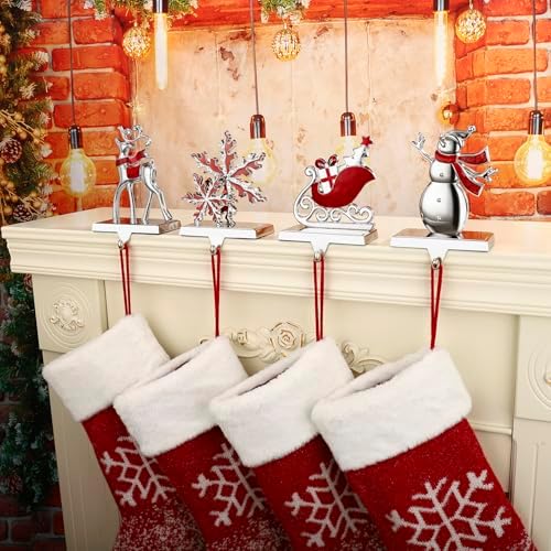 4PCS Christmas Stocking Mantle Holders Set Stand Sign Heavy Weighted Stocking Hooks Fireplace Stocking Hanger for House Holiday Yards Mantle Holder Décor (Mutli,4) - Image 2