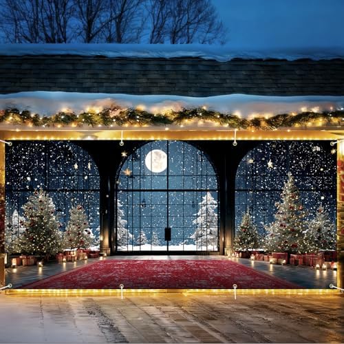 Christmas Night Window Scene Garage Door Banner – Festive Indoor View with Moonlight, Trees & Gifts for Holiday Outdoor Decor by THISFIND
