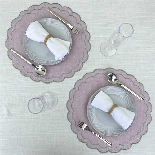 Linen Cotton Placemats Set of 4 Scalloped Flower Embroidery Place Mats 15'' Natural Linen Texture Fabric Machine Washable Table Mats for Restaurant Kitchen,Table Decor(Lilac) - Image 6