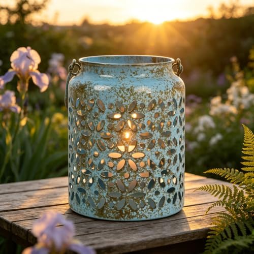Vintage Metal Candle Lanterns with Handle Rustic Distressed Blue Decorative Candle Holder with Floral Cut-Out Design for Home, Garden, Patio, Porch, Parties, Weddings Decor by Unknown