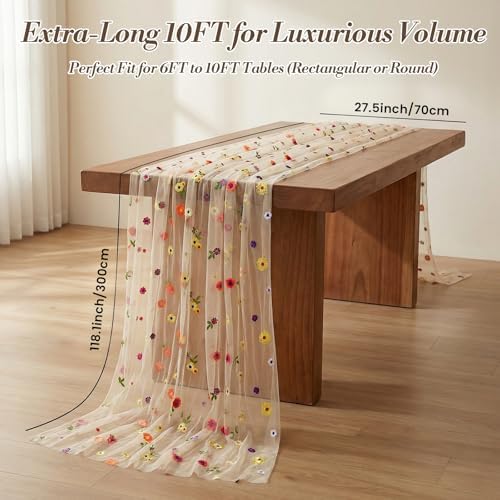 Champagne Floral Table Runner ,4Pack 10ft Embroidered Flower Tulle for Wedding Reception, Boho Wildflower Daisy Table Decor for Spring Party - Image 4