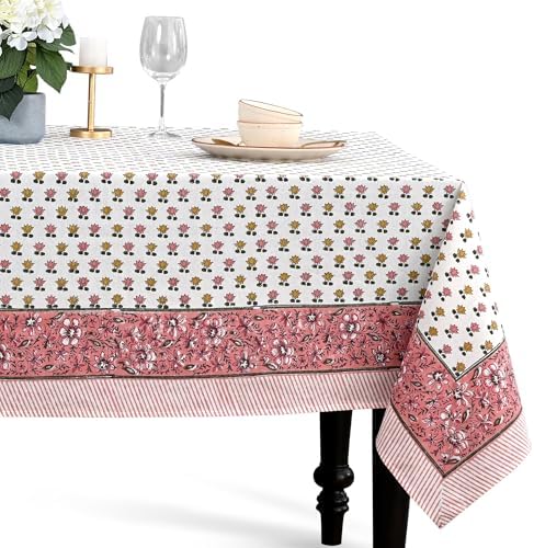CPC Rosette Bloom Tablecloth 100% Cotton 72x140 Inch Indian Block Print Rectangle Table Cover, Table Cloth for Gifting in Weddings, Halloween, Fall, Christmas, Thanksgiving by COTTONPRINTCLUB