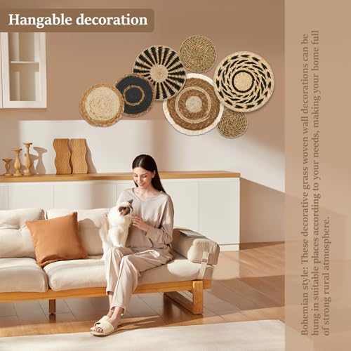 7 Pcs Boho Wall Basket Decor, Rattan Wicker Boho Wall Decor, Hanging Woven Basket Wall Decor, Round Handmade Wall Art for Living Room Bedroom Display Table Settings Home Christmas Decoration (Black) - Image 2