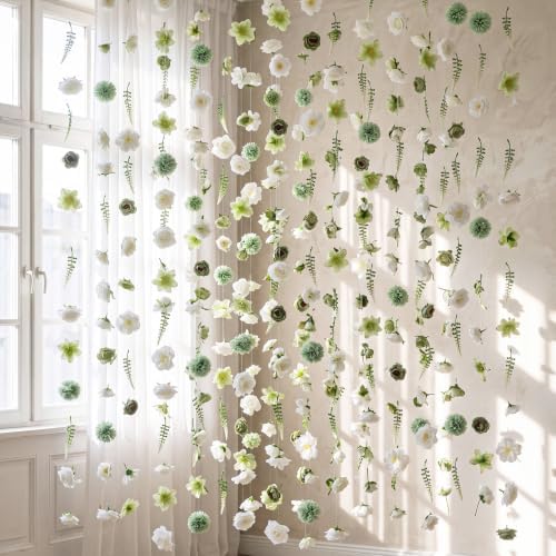 6 Pcs 35.4ft Wedding Artificial Flower Garlands with Hooks, Sage Green White Hanging Flower Vines for Wedding Table Arch Backdrop Decor by Craftsatin