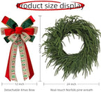 24 Inch Norfolk Pine Wreath with Large Merry Christmas Bow – Real Touch Norfolk Pine Winter Holiday Green Wreath for Front Door, Weatherproof Outdoor Porch Decoration, Includes Storage Bag - Image 3