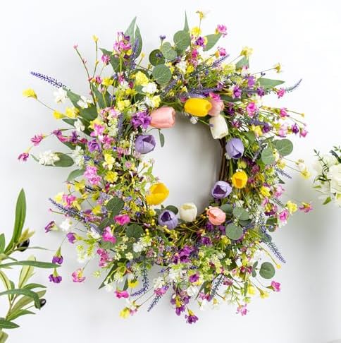 22 Inches Spring Wreaths for Front Door Rustic Summer Door Wreath Colorful Spring Floral Wreaths Farmhouse Summer Tulip Wreath for Window Front Porch Home Indoor Inside Outside Decoration - Image 3
