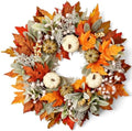 Artificial Fall Wreath 22 Inch Fall Wreaths for Front Door with White Pumpkins Oeange Maple Leaves Lamb's Ear and Berries Autumn Wreath Thanksgiving Harvest Wreath for Festival Wall Porch by MAINGKAUNG