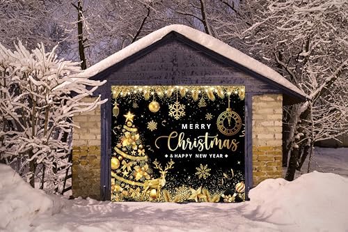 Black Gold Garage Door Christmas Cover Decorations: Xmas Tree Garage Door Cover Banner 7x8ft, Merry Christmas and Happy New Year Party Backdrop for Photography Large Christmas Background - Image 6