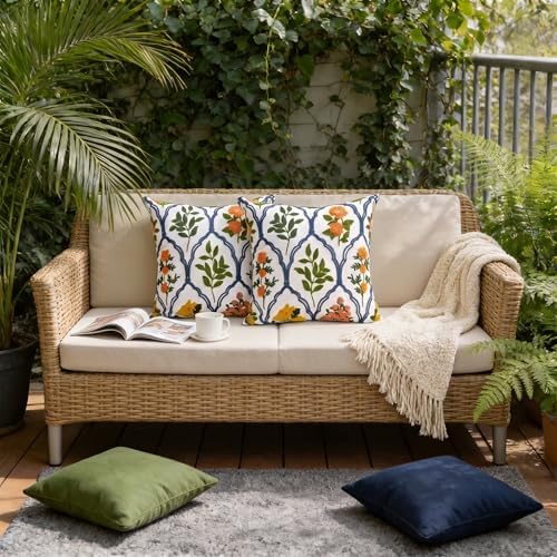 Alysheer Floral Embroidered Throw Pillow Cover 18"x18", 2pcs Orange Blue - Image 3