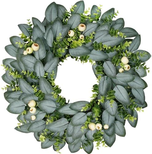 23 Inch Artificial Eucalyptus Wreaths for Front Door, Spring Boxwood Door Wreath with Berries, Summer Green Wreath for Wall Window Porch Farmhouse Wedding Decor All Year Round Indoor Outdoor by petalyn