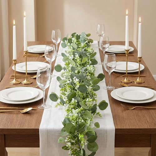 6 Pack 5.9 Feet Faux Eucalyptus Garlands Bulk, Artificial Wedding Garland with White Flowers Faux Silver Dollar Eucalyptus Leaves Vines for Table Home Wedding Party Indoor Outdoor Decor - Image 4