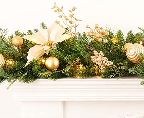 Pre-lit 9ft Christmas Garland with Gold Berries and Balls,Pine Cone,Golden Flower and 50 Battery Operated Soft White LED Lights with Timer,Artificial Holiday Decoration Door Outdoor - Image 4