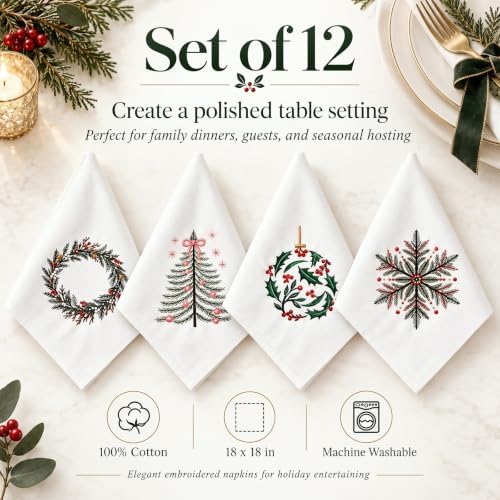 12 Pcs Embroidered 100% Cotton Christmas Napkins 18x18 Inch - Image 3