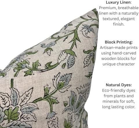 Decorative Pillow Cover French Country Pillow Cover Cottage Decor Floral Block Print, Farmhouse Decorative Cushion Cover, Striped Pillow Cover Line and Loop (Powder Blue-Spring Green) - Image 5