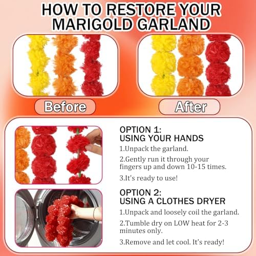 Giegxin 15 Pack 5ft Marigold Garland for Decor, Red, Orange, Yellow - Image 3