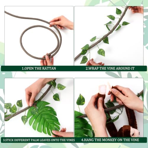 Chivao 69 Pcs Jungle Party Decoration Include 8 Hanging Plush Monkey Stuffed Animal, 10 ft Artificial Rattan, 50 Palm Leaves with 10 Fake Ivy Vine for Classroom Birthday Party Favor(4 Colors) - Image 2