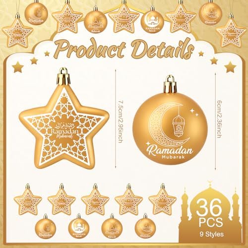 36 Pcs Eid Al Adha Decorations Eid Mubarak Decorations Ramadan Hanging Gold Moon Ornaments Plastic Star Ramadan Islamic Decor for Home Window Islamic Muslim Tree Party Decor - Image 2