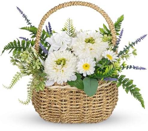 Dahlia Artificial Flowers, Spring/Summer Flower Centerpieces for Tables Silk Flower Arrangements with Woven Basket Fake Dahlia with Daisies & Lavender White Flower Arrangement for Kitchen Dinner Table by Oairse