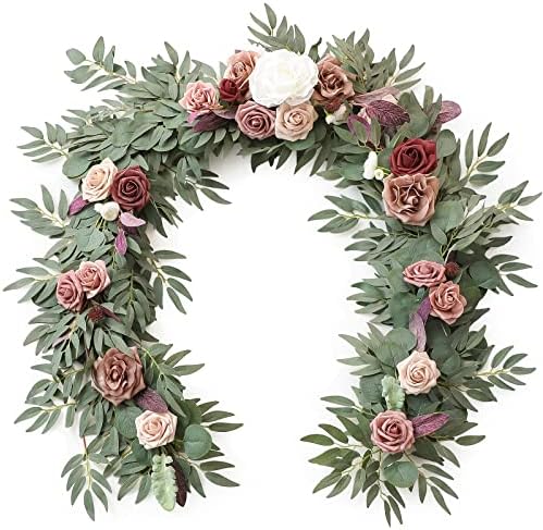 Floroom 6ft Artificial Eucalyptus Garland with Flowers Fake Greenery Faux Floral Vine Garland for Table Decor Wedding Centerpieces Bridal Shower Party Decorations, Dusty Rose & Mauve by Floroom