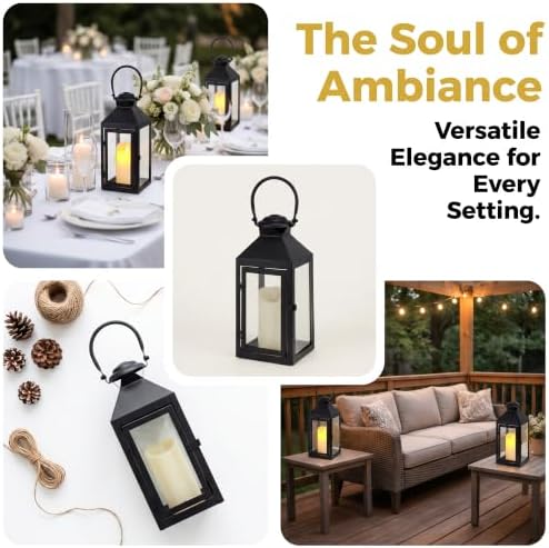 JHY DESIGN Set of 2 Farmhouse Decorative Lanterns 13" H Hurricane Candle Lanterns Rustic Lanterns Centerpieces for Home Garden Front Porch Indoor Outdoor Paritie and Wedding(Black) - Image 6