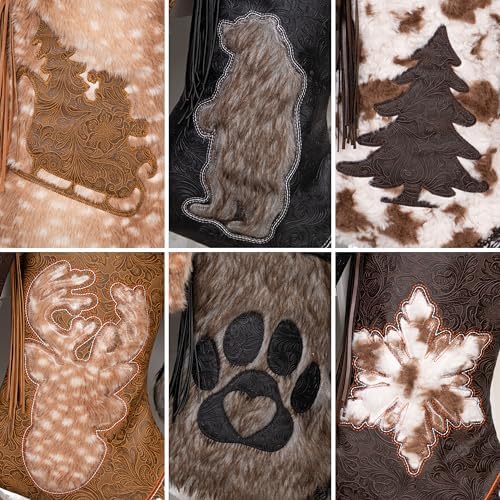 LUBOT Christmas Stockings Set of 5, Western Cowboy 20" Rustic Farmhouse Fireplace Hanging Décor Neutral Embossed Leather & Plush Faux Fur with Tassel Accents Large Family Xmas Stockings - Image 5