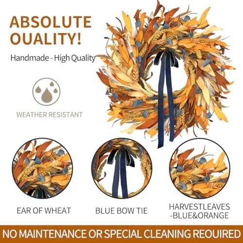 Qingbei Rina Fall Wreaths for Front Door Outside with Blue Bow, 24 Inch - Image 2