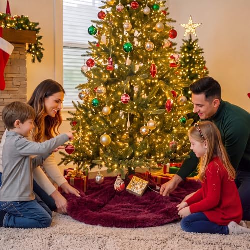 Burgundy Red Faux Fur Christmas Tree Skirt 60 Inch Plush Tree Skirt - Image 6
