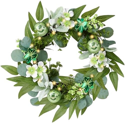 Valery Madelyn St. Patrick's Day Wreath for Front Door with Lights, Artificial Spring Eucalyptus Wreath with Shamrock Clover Ornaments, Prefect Gift and Decoration for Irish Festival Home Party-18'' by ValeryMadelyn