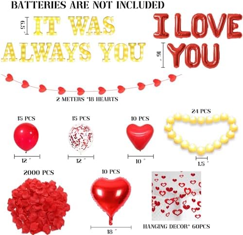 It Was Always You Light Up Letters Proposal Decorations, 14Pcs 6.3" Sign with 24Pcs Flameless Heart Candles 2000Pcs Red Artificial Rose Petals 40Pcs Latex Balloons 10Pcs Heart Balloon Valentine's Day - Image 2