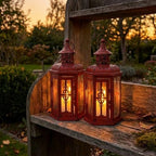 JHY DESIGN Set of 2 Decorative Candle Lanterns 10“H Vintage Hanging Lanterns Metal Candleholders for Indoor Outdoor Events Parities Gothic and Halloween (Red with Black Brush) by JHYDESIGN