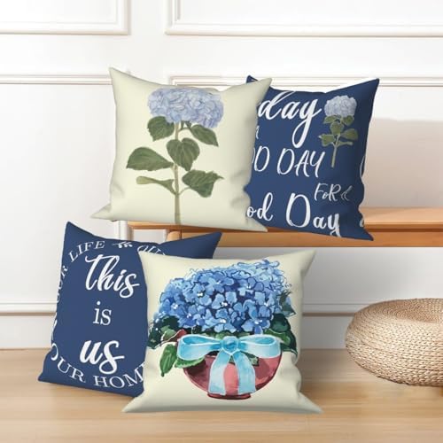 Blue Flowers Throw Pillow Covers 24"x24" Set of 4, Spring Outdoor Pillow Covers Home Decorative Floral Printed Cushion Covers for Couch Sofa Bedroom Farmhouse Livingroom Garden Patio Car - Image 4