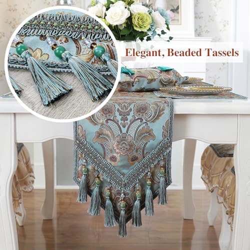 kilofly Elegant Floral Brocade Jacquard Table Runner Tassels (96 x 12 inches) - Image 6