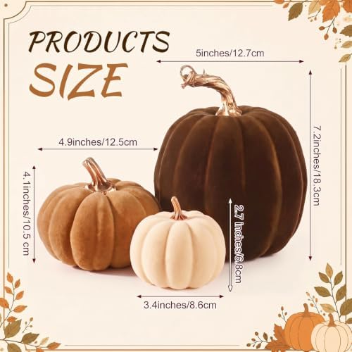 Bucherry 3 Pcs Velvet Pumpkin Decor Set 3D Foam Pumpkin,Brown - Image 2