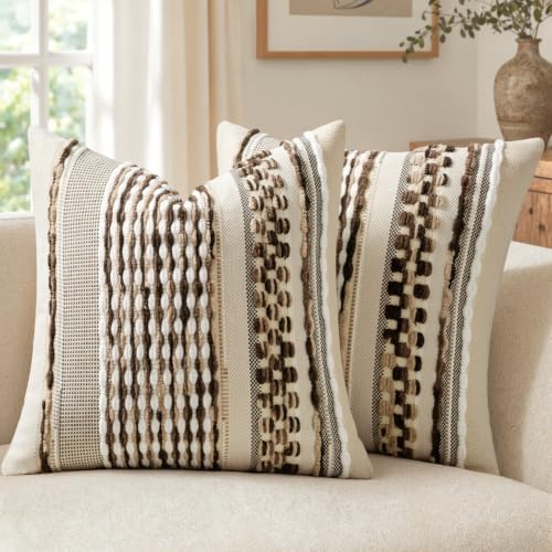 ANRODUO Boho Decorative Pillow Covers Dark Brown Stripe 20x20 Pack of 2 by ANRODUO