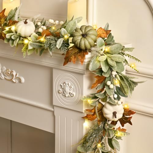 Waipfaru Fall Decor, Fall Garland for Mantle, Autumn Garland with Lights - Image 3