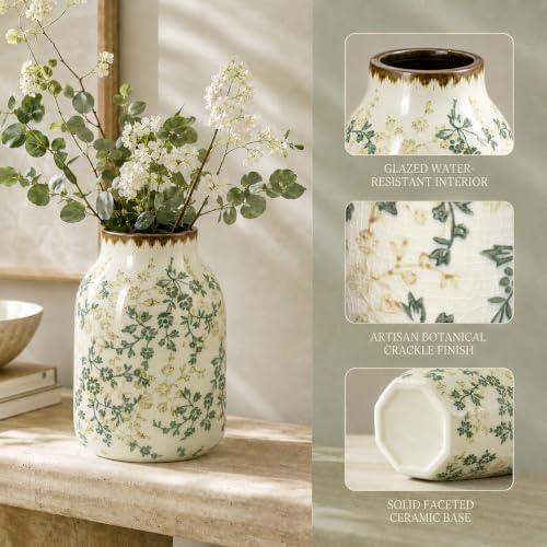 Ceramic Bud Vase, 7.9 Inch Vintage Rustic Farmhouse Milk Bottle Vase with Crackle Glaze, Hand-Painted Green Vine Floral Vase, Small Flower Vase for Living Room, Kitchen, Table Centerpiece, Shelf Decor - Image 3