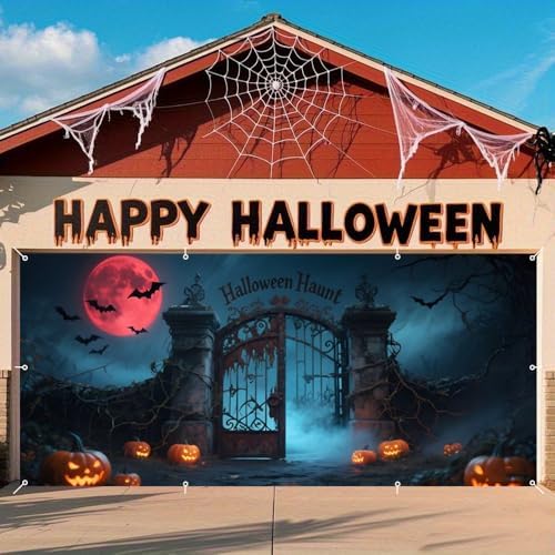 7x16ft Scary Halloween Garage Door Cover for Double Car Full Blood Moon Bats Iron Gate Haunted House Halloween Garage Door Banner Backdrop for Photography for Outdoor Party Decorations by Lexfvpoo
