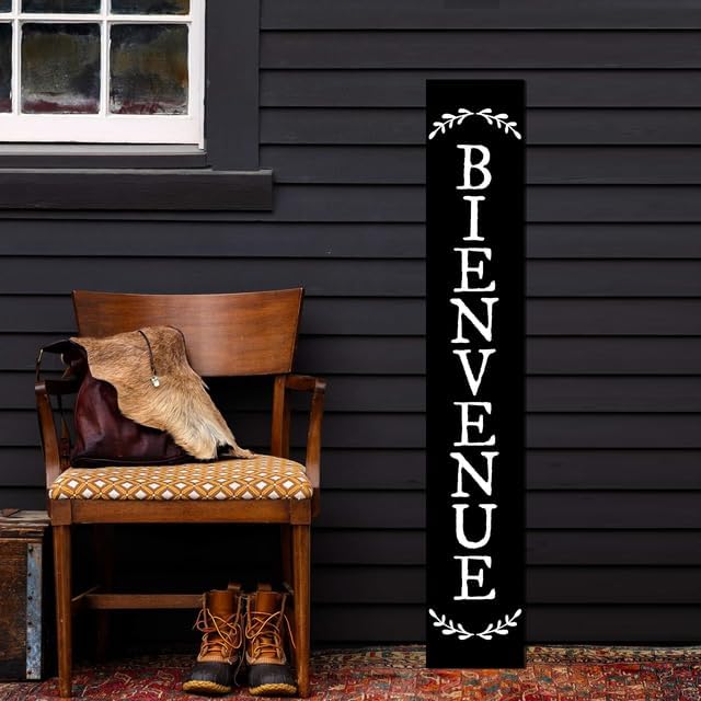 Welcome Sign Bienvenue Sign For Front Porch Standing Large Rustic Farmhouse Outdoor Tall Wood Framed Vertical Paw Print Welcome Signs Modern Outside Front Door Wall Decor - Image 3