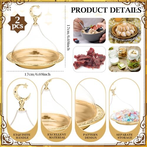 Potchen 1 Pcs Ramadan Tray Decor Eid Mubarak Date Holder with Clear Dome Lid Mardi Gras Serving Tray 6.69" Metal Gold Eid Al-fitr Dessert Container for Nuts Baklava Samosa Halva Candies Cookies - Image 3