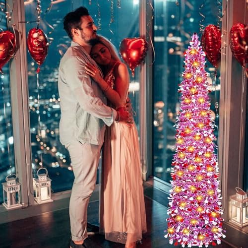 5 Ft Artificial Valentine's Day Tree Pop-Up Collapsible Pencil Valentine's Day Trees with 100 Warm Light, Bright Heart-Shaped Artificial Tree for Indoor Outdoor Decorations (Valentine Day) - Image 7
