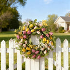 22" Tulip Wreath Spring/Summer Wreaths Artificial Floral Wreaths for Front Door Yellow Pink Tulip Easter Wreath for Indoor Outdoor Home Holiday Party Wedding Decor - Image 5