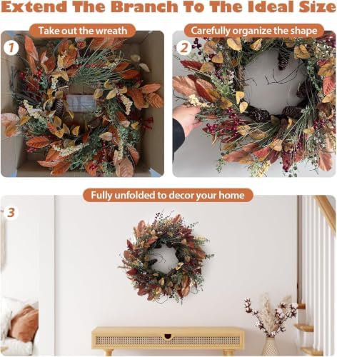 Fall Wreath for Front Door 24 inch Artificial Red Broad Leaves - Image 3